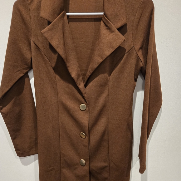 Women's Brown Long Blazer Coat - Classic Button Front - Picture 2 of 4